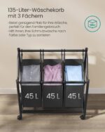 Skalbinių rūšiavimo krepšiai | 3 x 45L | Ratukai | 80 x 38,5 x 67 | Juoda