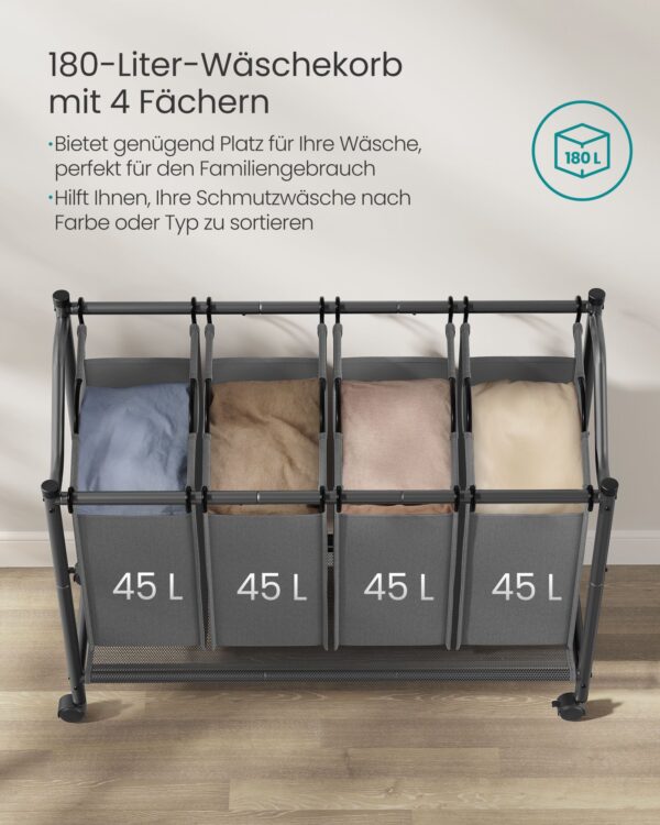Skalbinių rūšiavimo krepšiai | 4 x 45L | Ratukai | 105 x 38,5 x 67 | Pilka