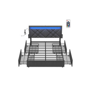 Lova 140 x 200 cm su LED apšvietimu | USB ir el. lizdai | 200 x 140 x 94,2 | Juoda