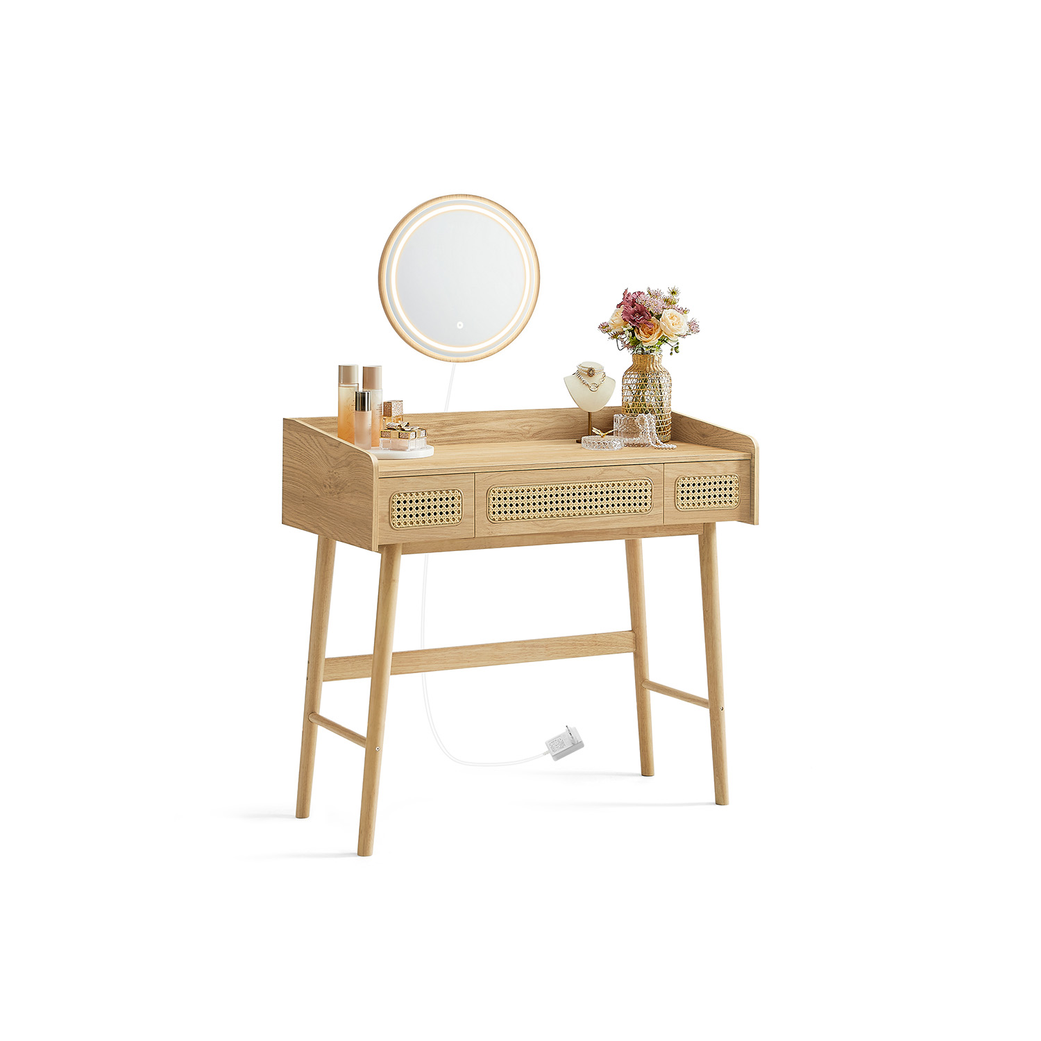 RVT007Y01-1 Boho stiliaus Kosmetinis staliukas su LED veidrodžiu | 43 x 90 x 82 cm | Smėlio