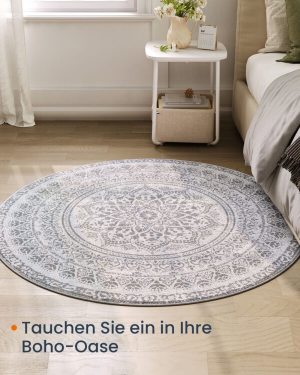 Boho stiliaus apskritas kilimas su raštais | 120 x 120 cm | Pilka