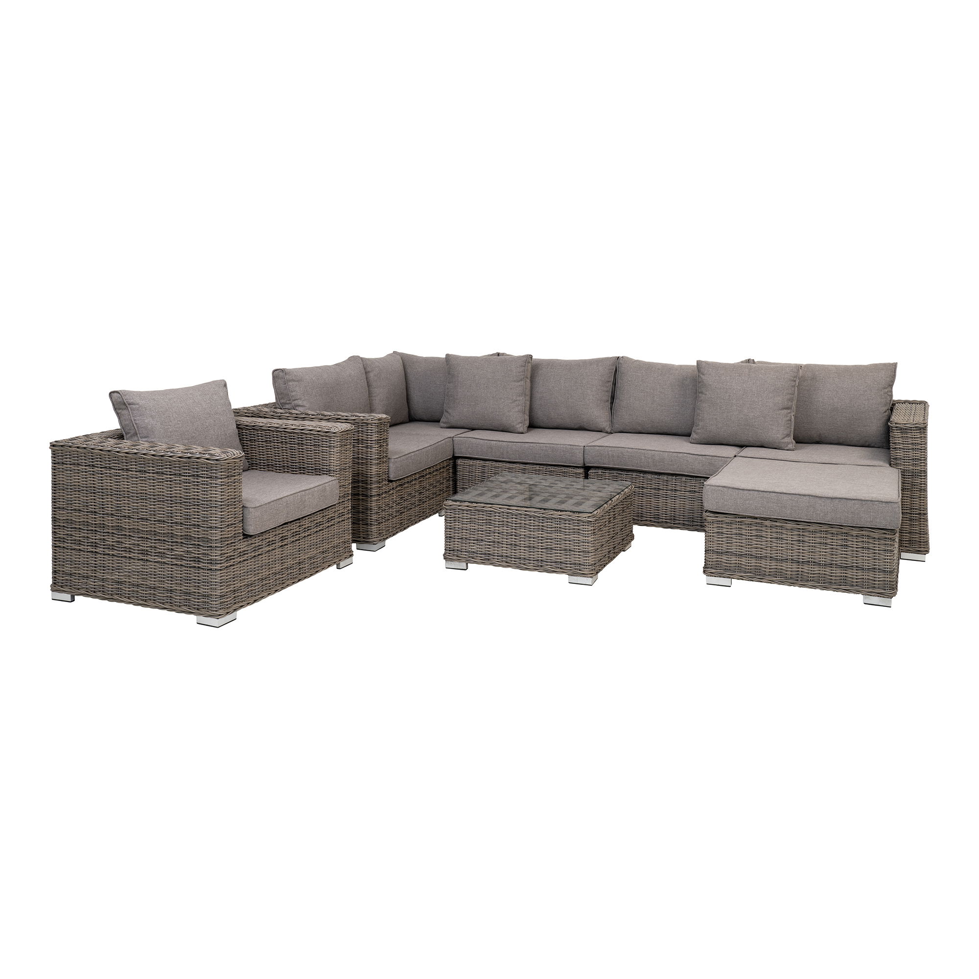7701015 Didelis lauko baldų komplektas | Kampinė sofa, Pufas, Fotelis, Staliukas | Pilka