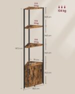 Kampinė pastatoma lentyna, 5 aukštų: matmenų schema; spalva juoda, ruda