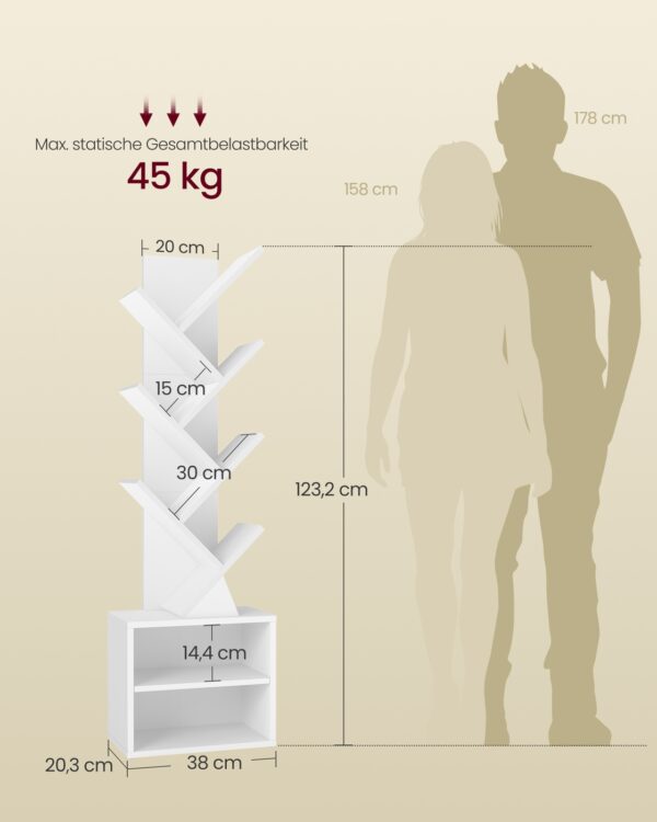 Knygų lentyna medžio formos: matmenų schema; spalva balta