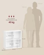 Knygų lentyna su 4 skyriais: matmenų schema; spalva balta