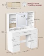 Kosmetinis staliukas su LED veidrodžiu ir 9 stalčiais: matmenų schema; spalva balta