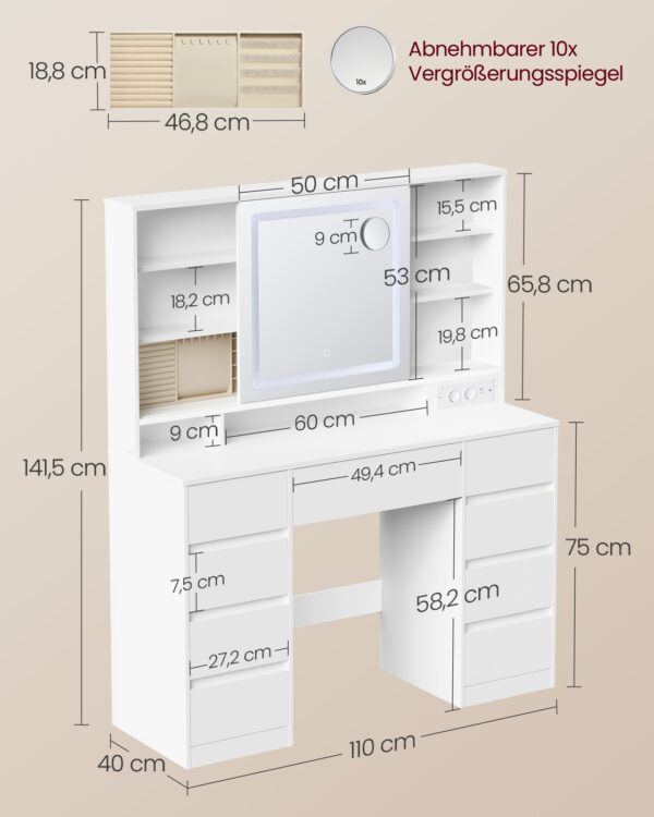 Kosmetinis staliukas su LED veidrodžiu ir 9 stalčiais: matmenų schema; spalva balta