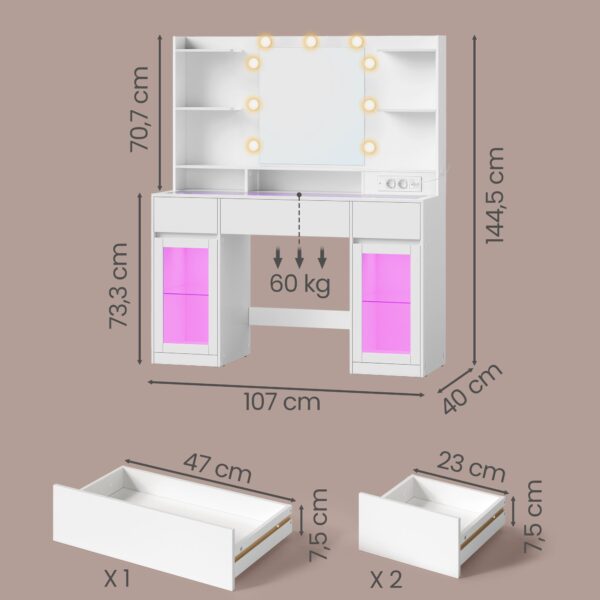 Kosmetinis staliukas su RGB apšvietimu ir 2 spintelėmis: matmenų schema; spalva balta