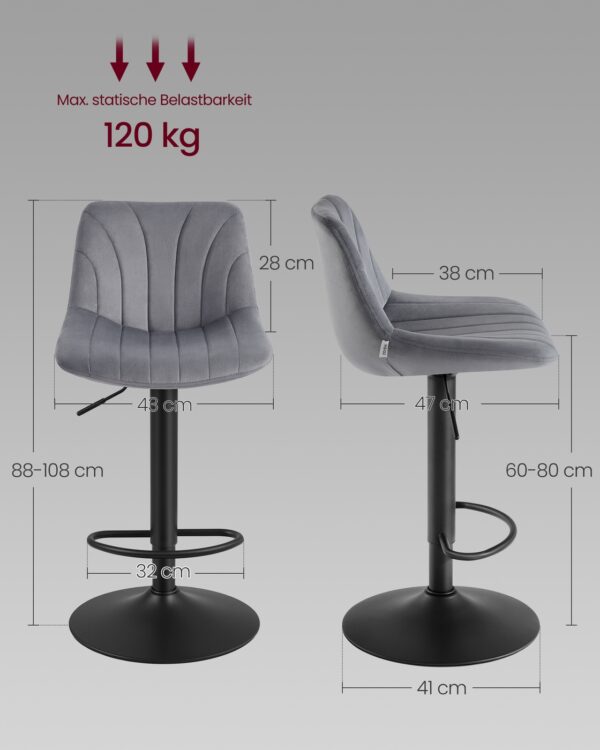 Reguliuojamos veliūrinės baro kėdės, 2 vnt.: matmenų schema; spalva pilka