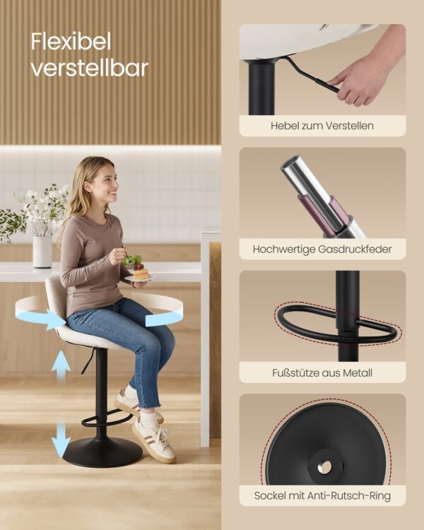 Reguliuojamos veliūrinės baro kėdės, 2 vnt.: reguliuojamos dalys; spalva balta