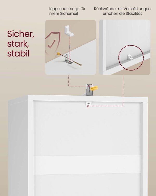 Siaura knygų lentyna, 3 aukštų: tvirtinimo ir stabilumo detalės; spalva balta