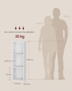 Siaura knygų lentyna, 3 aukštų: matmenų schema; spalva balta