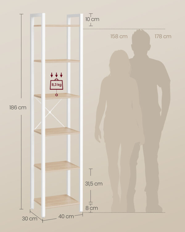 Siaura pastatoma daiktų lentyna: matmenų schema