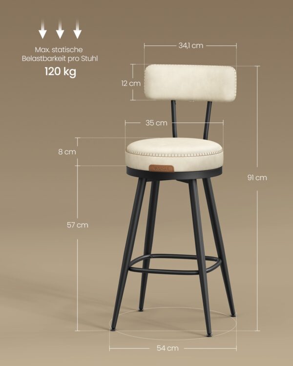 Sukamos pusbario kėdės su atlošu, 65 cm, 2 vnt.: matmenų schema; spalva balta